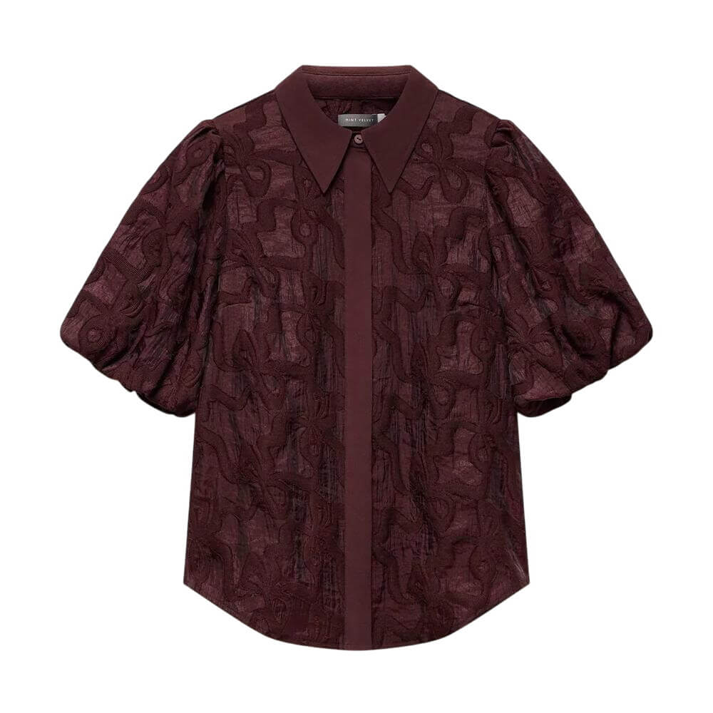 Mint Velvet Burgundy Jacquard Puff Sleeve Shirt